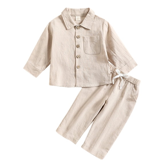 Tiijoy Boys Linen Casual Outfits Solid Long Sleeve Button Down Shirt Pants Set, Sizes 6M-4T