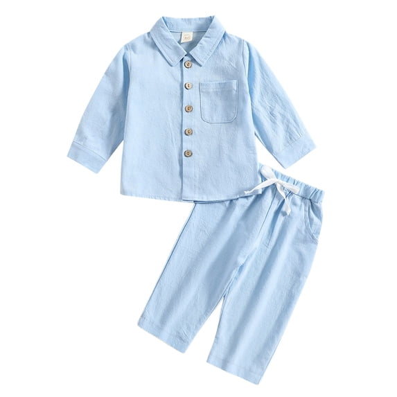 Tiijoy Boys Linen Casual Outfits Solid Long Sleeve Button Down Shirt Pants Set, Sizes 6M-4T