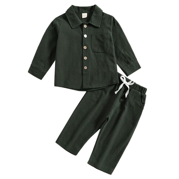 Tiijoy Boys Linen Casual Outfits Solid Long Sleeve Button Down Shirt Pants Set, Sizes 6M-4T