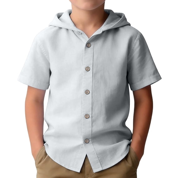 Tiijoy Boys Linen Hooded Short Sleeve Shirt Casual Breathable Button Down Shirt, Sizes 5-14