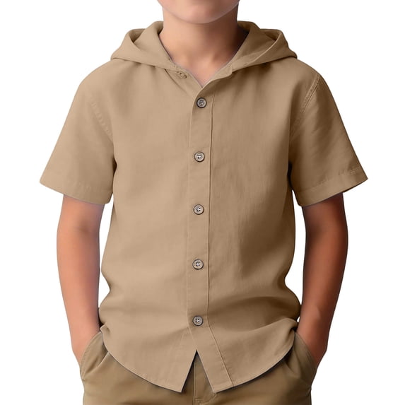 Tiijoy Boys Linen Hooded Short Sleeve Shirt Casual Breathable Button Down Shirt, Sizes 5-14