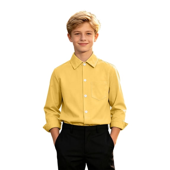 Tiijoy Boys Long Sleeve Button Down Shirt Casual Solid Pocket Shirt Top, Yellow, Sizes 9-16