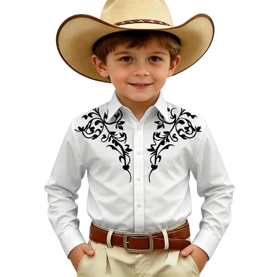 Tiijoy Boys Long Sleeve Western Shirt Cowboy Casual Button Down Shirt, White, Sizes 4-13