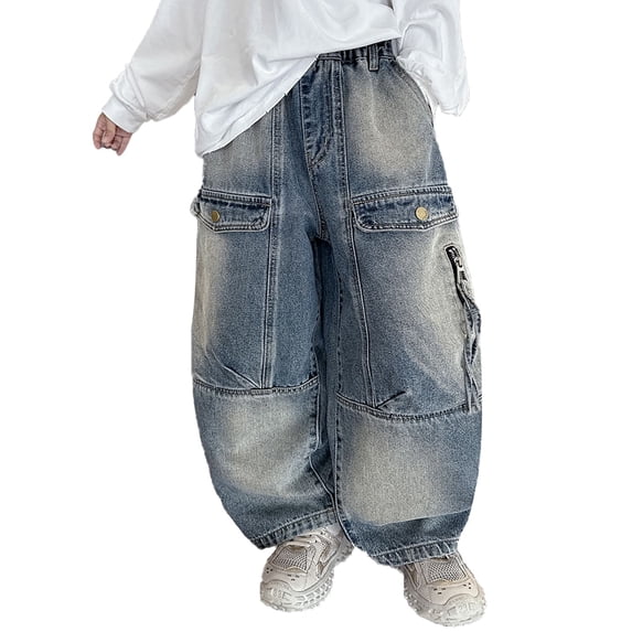 Tiijoy Boys Loose Fit Cargo Jeans Distressed Pull On Straight Leg Denim Pants, Sizes 4-5