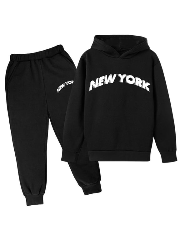 Boys Outfits New York Print Hoodie Sweatshirt Sweatpants Set, Black, Sizes 3-14