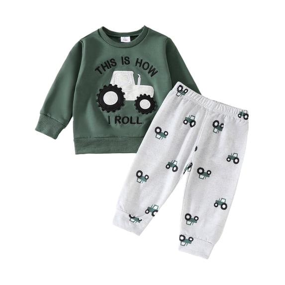 Tiijoy Boys Outfits Tractor Car Print Long Sleeve Sweatshirt Trousers Set Fashion Baby Clothes, Sizes 0-3T