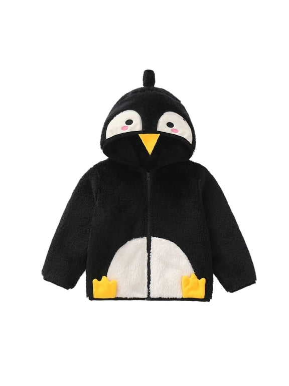 Boys Penguin Plush Coat Casual Zip Up Hooded Jacket Outerwear, Black, Sizes 12M-5T