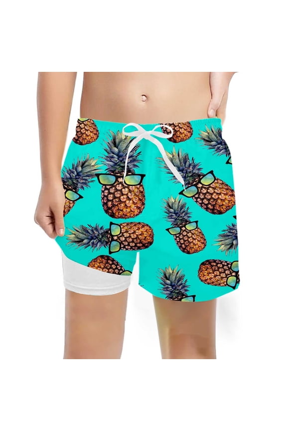 Boys Pineapple Print Swimming Trunks Compression Liner Board Shorts, Sizes 8-9