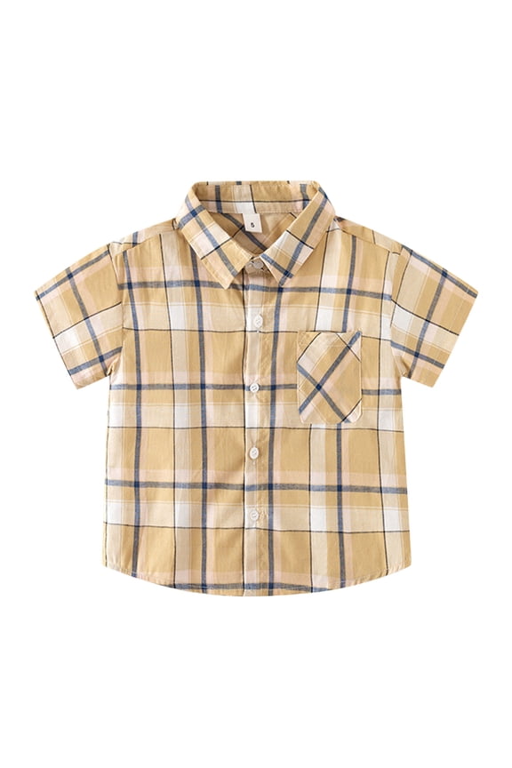 Boys Plaid Short Sleeve Button-Down Shirt Summer Casual Cotton Shirt, Sizes 12-18 Months