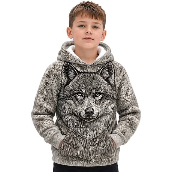 Tiijoy Boys Plush Graphic Wolf Hoodie Lined Pullover Sweatshirt, Grey, Sizes 2-14