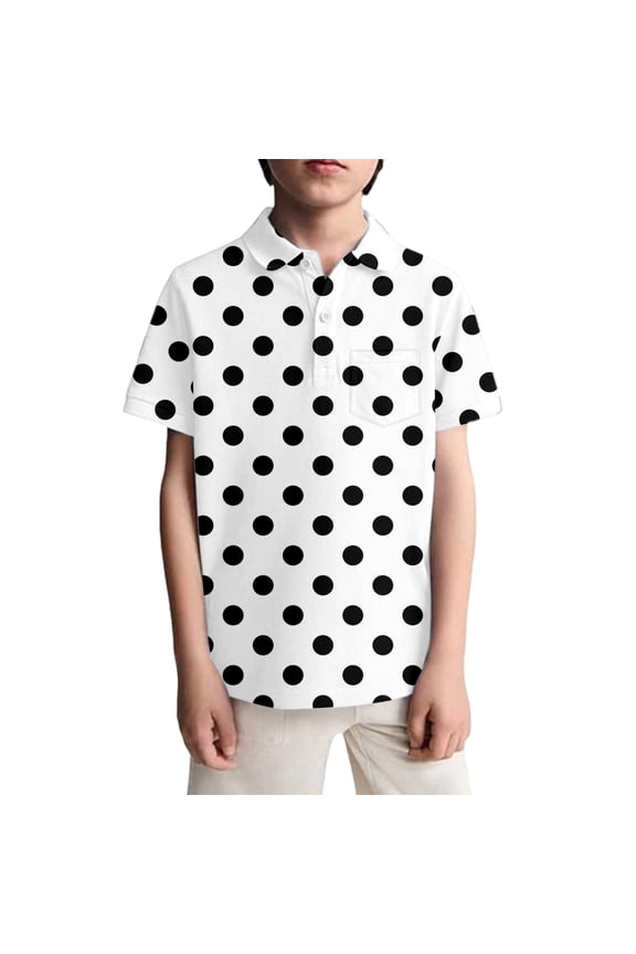 Boys Polka Dots Polo Shirt Short Sleeve Turn Down Collar Tshirt, Sizes 3-14