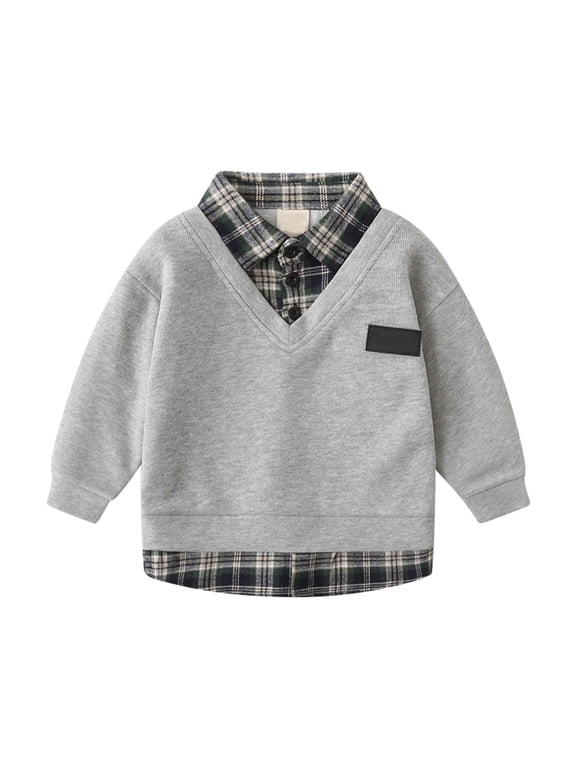 Boys Polo Sweatshirt Fall Casual Preppy Long Sleeve Pullover, Grey, Sizes 1-7