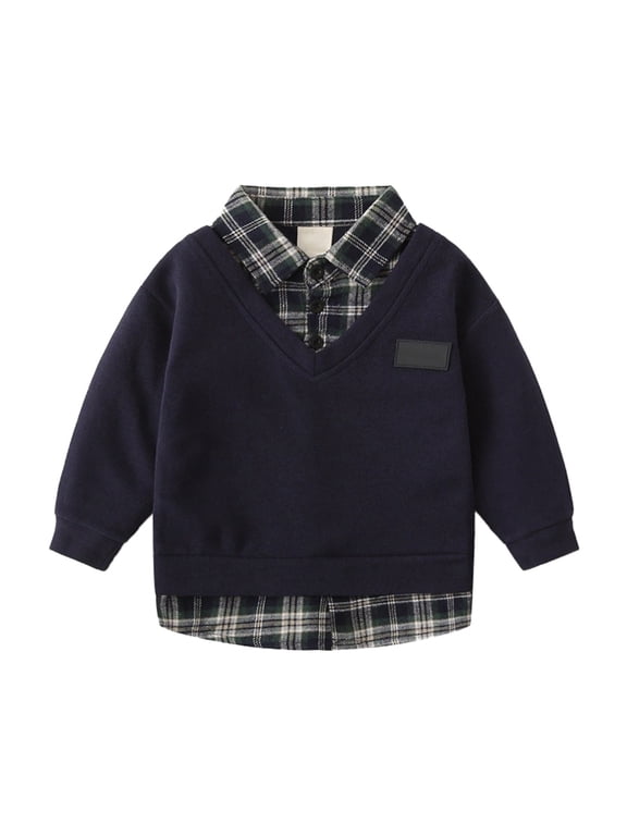 Boys Polo Sweatshirt Fall Casual Preppy Long Sleeve Pullover, Navy, Sizes 1-7