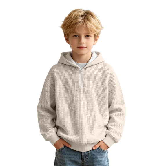 Tiijoy Boys Quarter Zip Hoodie Kids Casual Cozy Pullover Sweatshirt, Beige, Sizes 4-14
