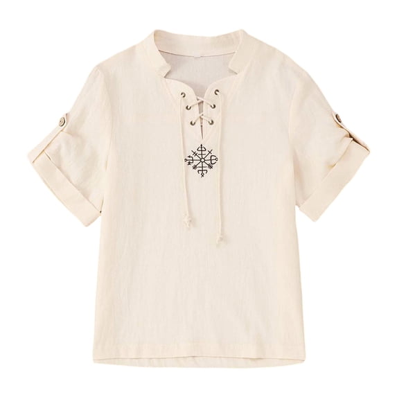 Tiijoy Boys Retro Medieval Linen Shirt Performance Lace Up Short Sleeve Blouse, Sizes 6-8