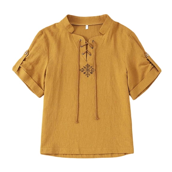 Tiijoy Boys Retro Medieval Linen Shirt Performance Lace Up Short Sleeve Blouse, Sizes 6-8