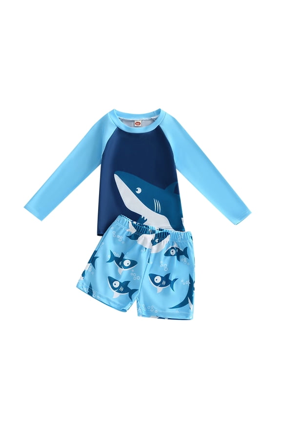 Boys Shark Print Long Sleeve Rash Guard Shorts UPF50+ Swimsuit, Sizes 1-2