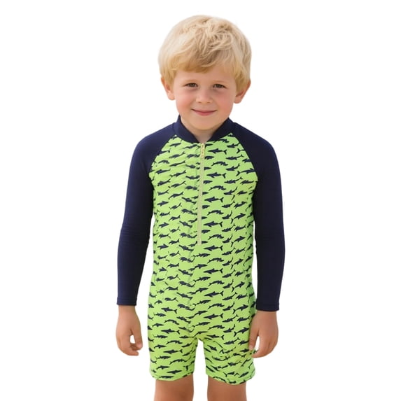 Tiijoy Boys Shark Print Long Sleeve Rash Guard Surfing Suit One-Piece Swimsuit with UPF50+