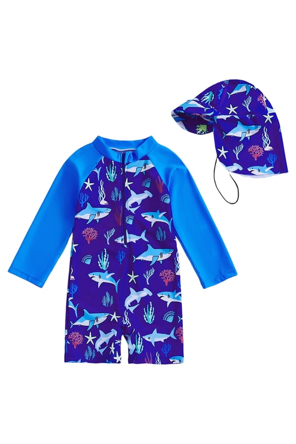 Boys Shark Print Long Sleeve Rash Guard Swimsuit UPF 50+ Bathing Suit, Sizes 4-8