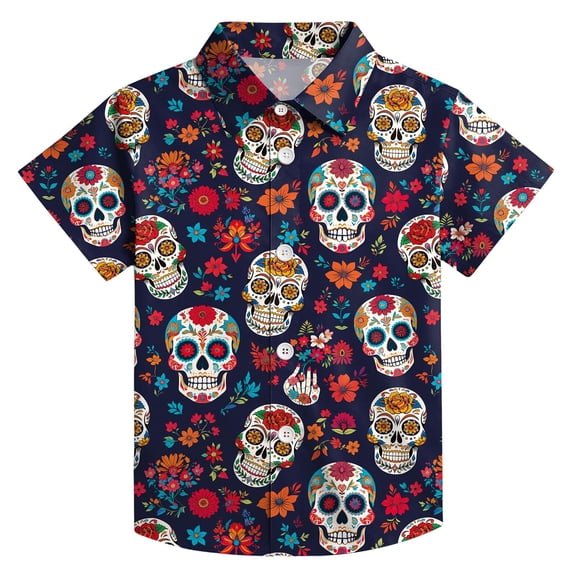 Tiijoy Boys Short Sleeve Button Down Shirt Skeleton Floral Beach Shirt, Navy, Sizes 3-13