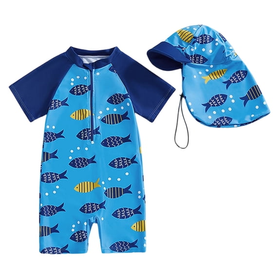 Tiijoy Boys Short Sleeve Rash Guard Swimsuit UPF 50+ Bathing Suit with Hat, Sizes 3-7