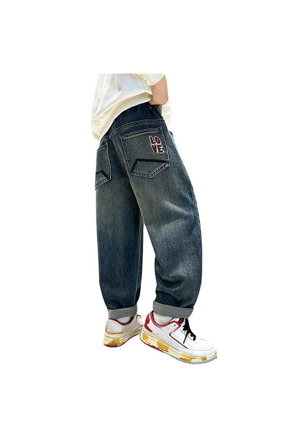 Boys Straight Leg Loose Fit Pull On Jeans Casual Pockets Denim Pants, Sizes 9-10