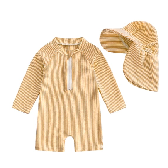 Tiijoy Boys Striped Zipper Long Sleeve Rashguard 1-Piece Swimsuit & Hat, Sizes 0-24 Months