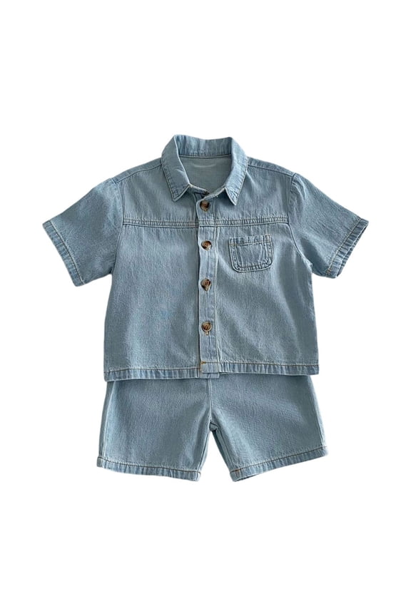 Boys Summer Denim Outfits Short Sleeve Button Down Shirt Shorts Set, Sizes 1-2