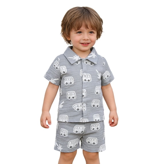 Tiijoy Boys Summer Outfits Dinosaur Print Short Sleeve Linen Shirt Shorts Set, Sizes 6M-4T