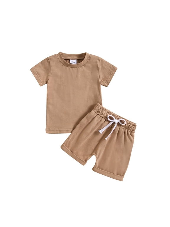 Boys Summer Outfits Solid Color Short Sleeve T Shirt Tops Shorts Kids 2Pc Set