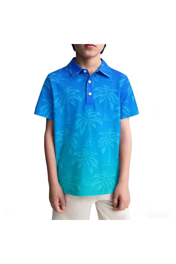 Boys Summer Polo Shirt Casual Coconut Tree Print Short Sleeve Polo Top, Sizes 3-14