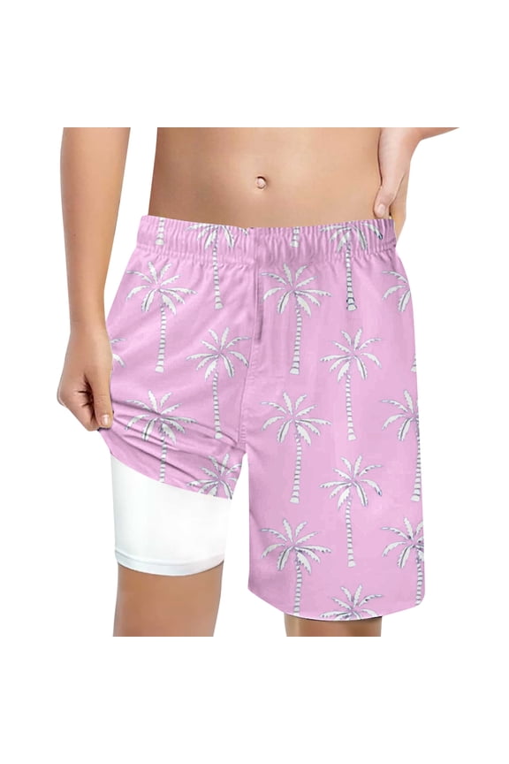 Boys' Swimming Shorts Coconut Tree Print Swim Trunks with Compression Liner, Sizes 8-9