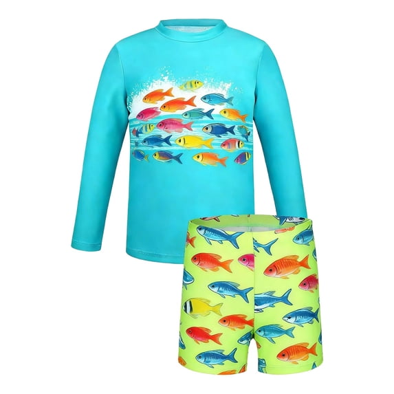 Tiijoy Boys Swimsuit Fish Print Long Sleeve Rash Guard Shorts Bathing Suit, Sizes 3-14