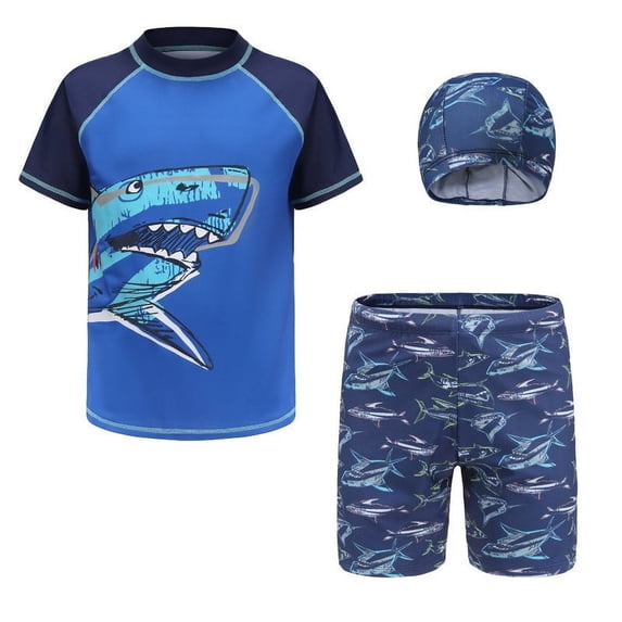 Tiijoy Boys Swimwear Short Sleeve Rash Guard Swim Trunks with Swimming Cap 3Pcs Swimsuits