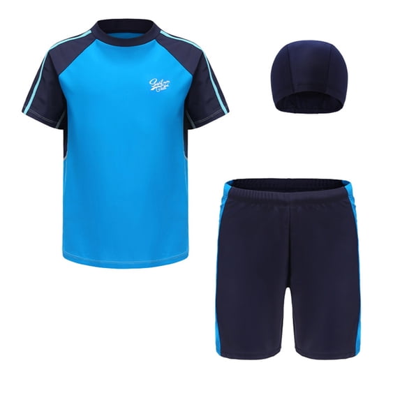 Tiijoy Boys Swimwear Short Sleeve Rash Guard Swim Trunks with Swimming Cap 3Pcs Swimsuits