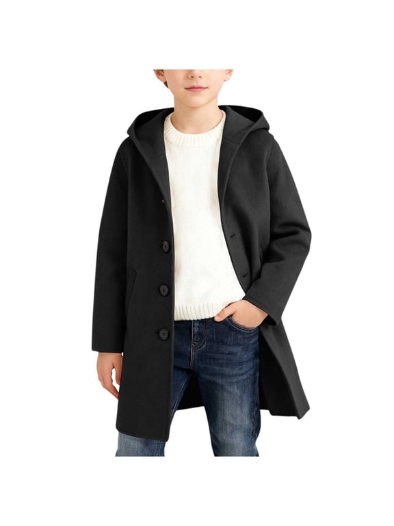 Boys Trench Jacket Hooded Long Jacket Fall Winter Casual Outerwear Coat, Black, Sizes 5-16