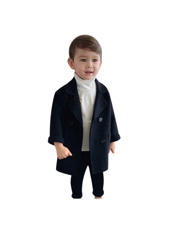 Boys Trench Jacket Kids Lapel Double Wool Blend Coat, Black, Sizes 12M-5T