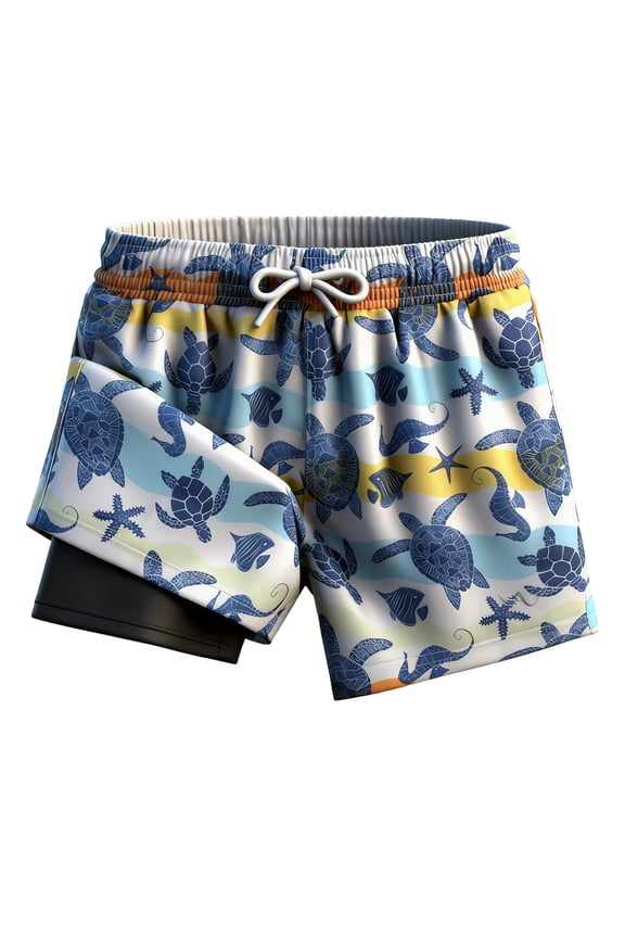 Boys' Turtle Swim Trunks with Compression Liner Quick-Dry Board Shorts, Sizes 5-16