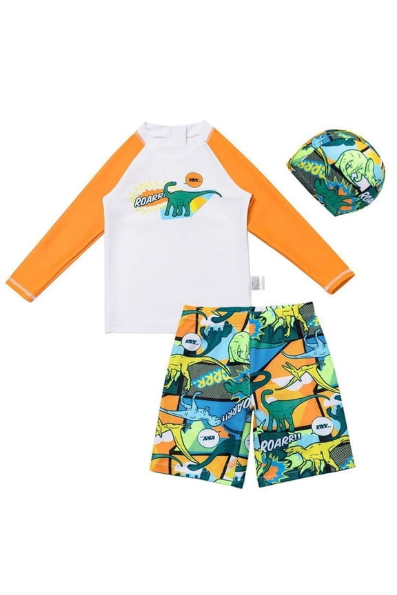 Boys UPF 50+ Long Sleeve Rash Guard Shorts Surfing Suit Swimsuit with Swimming Cap, Sizes 3-4