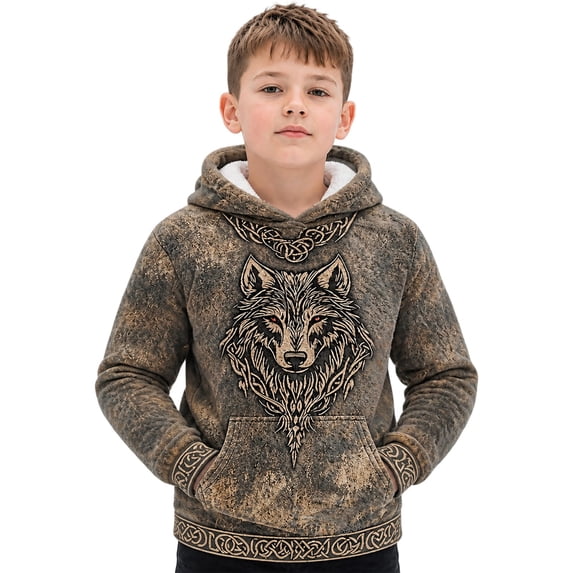 Tiijoy Boys Vintage Wolf Hoodie Fall Winter Graphic Sweatshirt, Brown, Sizes 2-14
