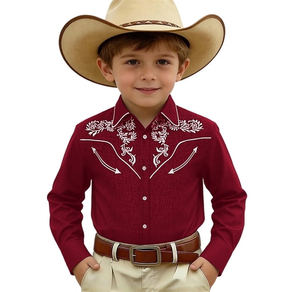 Tiijoy Boys Western Cowboy Shirt Long Sleeve Button Down Shirt Collared Top, Sizes 4-13