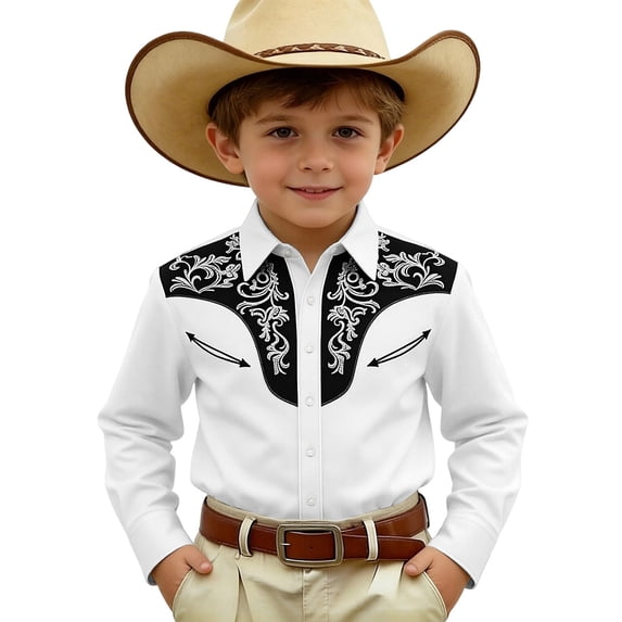 Tiijoy Boys Western Cowboy Shirts Long Sleeve Button Down Shirt Casual Top, White, Sizes 4-13