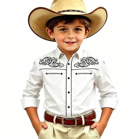 Tiijoy Boys Western Long Sleeve Button Down Shirt Vintage Collared Shirt Top, White, Sizes 4-13