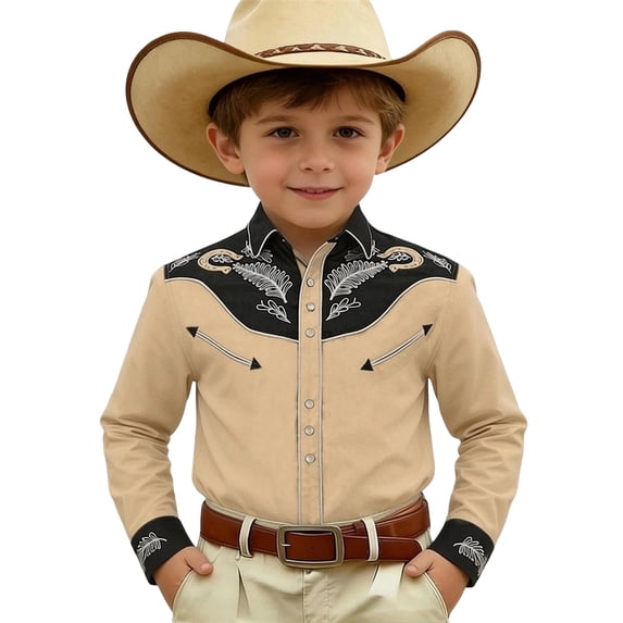 Tiijoy Boys Western Shirt Kids Long Sleeve Button Down Cowboy Shirt, Khaki, Sizes 4-13