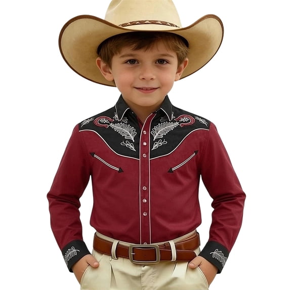 Tiijoy Boys Western Shirt Kids Long Sleeve Button Down Cowboy Shirt, Red, Sizes 4-13