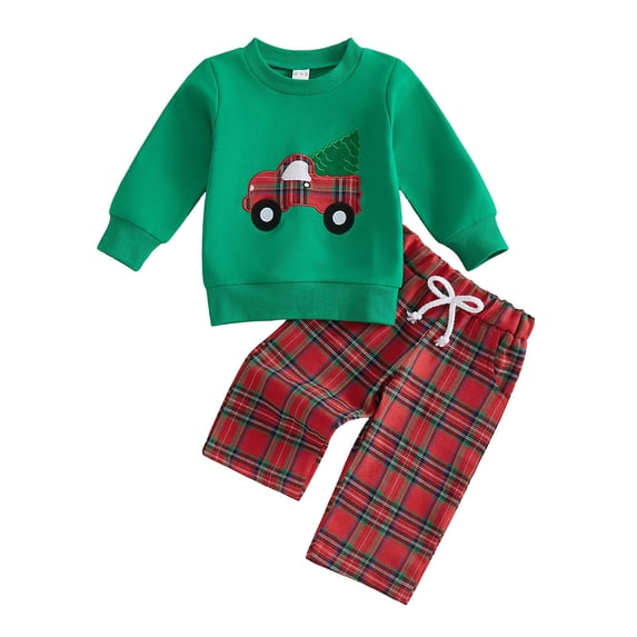 Tiijoy Christmas Boys Outfits Long Sleeve Crewneck Sweatshirt Plaid Pants Set, Sizes 0-3T