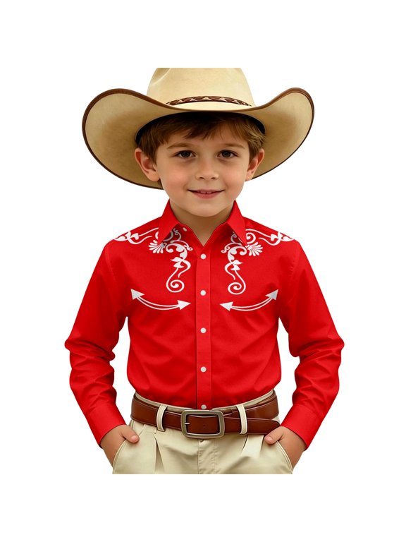 Cowboy Shirts for Boys Western Long Sleeve Button Down Shirt Top, Red, Sizes 4-13