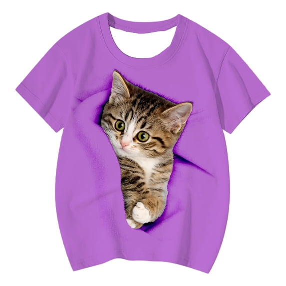 Tiijoy Cute Cat Graphic Tee for Girls Casual Short Sleeve Round Neck T Shirt, Sizes 3-13