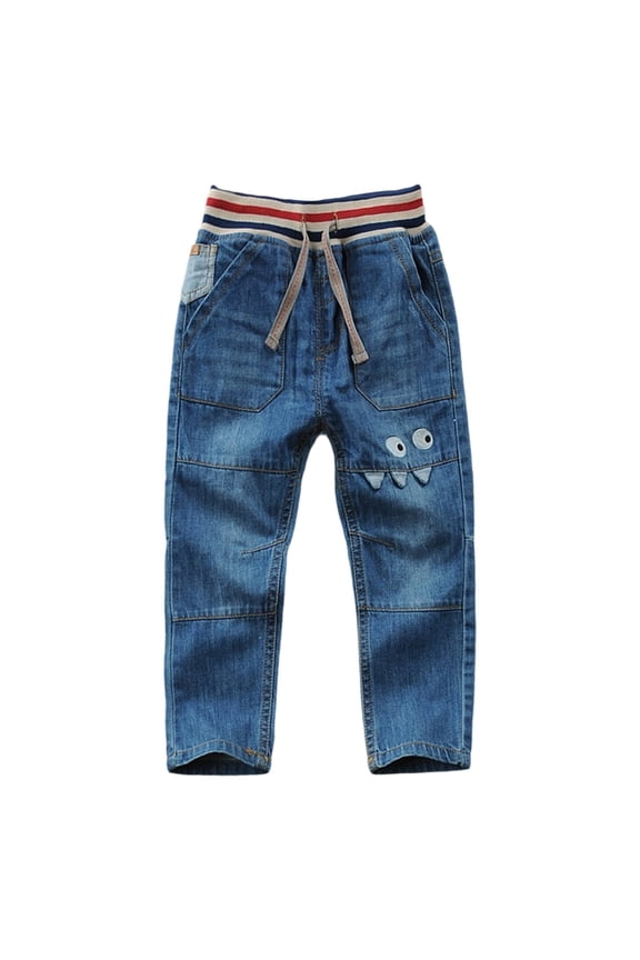 Denim Jeans for Boys Cute Cartoon Elastic Waist Pants with Drawstring, Sizes 4-5