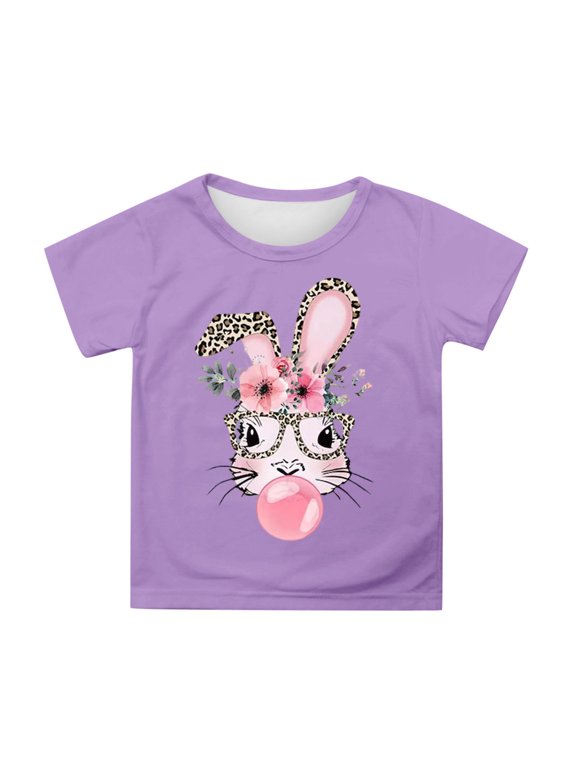 Easter T Shirt for Girls Cute Bunny Print Short Sleeve O Neck T-Shirt, Sizes 3-13
